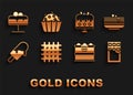 Set Cracker biscuit, Stack of pancakes, Chocolate bar, Cake, Ice cream, on plate, and Cupcake icon. Vector