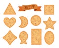 Set of cracker chips different shapes isolated on white background. Biscuit cookies for breakfast, tasty snack, yummy Royalty Free Stock Photo