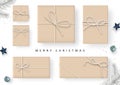 Set of craft gift box tied with rope. Christmas composition. Minimal style.