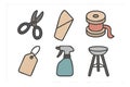 Set of crafting tools scissors envelope spool tag spray bottle stool vector illustration Royalty Free Stock Photo