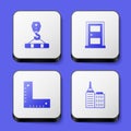 Set Crane hook, Closed door, Corner ruler and City landscape icon. White square button. Vector