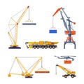 Set of cranes. Construction and cargo crane, heavy special machinery flat vector illustration