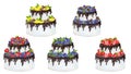 A set of cream cakes decorated with chocolate, berries and fruits. Wedding, birthday, anniversary design.