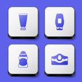 Set Cream or lotion cosmetic tube, Bottle of shampoo, Deodorant roll and Acne icon. White square button. Vector