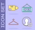 Set Create account screen, Carton cardboard box, Hanger wardrobe and Hanging sign with Open icon. Vector