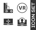 Set Create account screen, Game console with joystick, Laptop and Virtual reality glasses icon. Vector. Royalty Free Stock Photo
