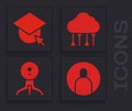 Set Create account screen, Graduation cap on globe, Network cloud connection and Web camera icon. Vector Royalty Free Stock Photo