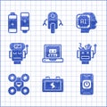 Set Creating robot, Battery, Turn off from phone, Broken, Drone, Robot low battery charge, Humanoid and icon. Vector