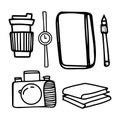 Set of creative artist freelance photographer in doodle style Vector outline illustration. Coffee, clock, notebook, pen, pencil,