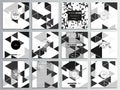 Set of 12 creative cards, square brochure template design. Triangular vector pattern. Abstract black triangles on white Royalty Free Stock Photo