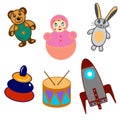 Set of creative cartoon colorful child toys icons. Idea for decors, school holidays, childhood themes. Vector isolated artworks. Royalty Free Stock Photo