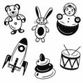 Set of creative cartoon contour child toys icons. Idea for decors, school holidays, childhood themes. Vector isolated artworks. Royalty Free Stock Photo