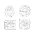 Set of 4 hand drawn emblems for catering services. Monochrome vector logos with salad bowl, hand with tray, pizza and