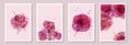 Set of creative minimalist hand draw illustrations floral outline with pink watercolor stain and splash. Design for wall