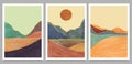 Set of creative minimalist hand painted illustrations of Mid century modern. Natural abstract landscape background