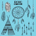 Set of creative ornamental Boho style Frame, Feathers, Arrows and Floral elements on sky blue Royalty Free Stock Photo