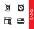 Set Credit card, Cryogenic capsules, Browser window and Energy drink icon. Vector