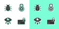 Set Credit card with lock, System bug, Eye scan and Safe combination icon. Vector Royalty Free Stock Photo