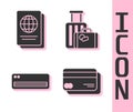 Set Credit card, Passport, Air conditioner and Suitcase icon. Vector Royalty Free Stock Photo