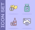 Set Credit card, Price tag for egg, Wine bottle and Coffee jar icon. Vector