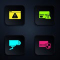 Set Credit card with shield, Browser exclamation mark, Security camera and . Black square button. Vector