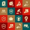 Set Credit card with shield, Location, Delivery insurance, Money hand, Life, House flood, Contract and Judge gavel icon
