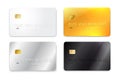 Set of credit card, white, gold, silver and black realistic mockup. Vector illustration. Isolated on white background. Royalty Free Stock Photo