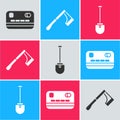 Set Credit card, Wooden axe and Shovel icon. Vector Royalty Free Stock Photo