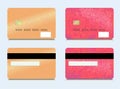 Set of credit cards on the front and rear. Design of plastic cards in red and gold tones.