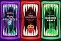 Set Creepy Halloween party banners scary monster character teeth jaw in mouth spittle closeup dark castle pumpkins head