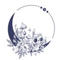 Set of Crescent moons with flower, Flower Moon and cute skull. Floral magic celestial clipart, Blooming Moon with Stars