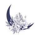 Set of Crescent moons with flower, Flower Moon, Floral magic celestial clipart, Blooming Moon with Stars and crystals