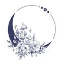 Set of Crescent moons with flower, Flower Moon, Floral magic celestial clipart, Blooming Moon with Stars and mushrooms
