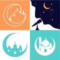 Set of crescents Ramadan Kareem greeting / HILAL illustration with telescope, moon, mosque and stars on the white, green and oran