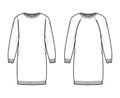 Set of crew neck dress Sweater technical fashion illustration with long raglan sleeves, oversized fit, knee length, trim