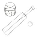 Set of cricket bat, ball and helmet. Black and white linear vector illustration for coloring book isolated on white background. Royalty Free Stock Photo