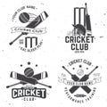 Set of cricket club badges. Vector. Concept for shirt, stamp or tee. Vintage typography design with cricket ball, wicket