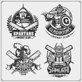 Set of cricket club emblems, labels, badges and design elements with ancient warriors. Print design for t-shirt. Royalty Free Stock Photo