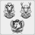 Set of cricket emblems, badges, logos and labels with deer, bison, elk and wild boar. Print design for t-shirts.