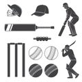 Set of cricket equipment silhouette icons. Vector. Set include bat, wicket, bail, helmet, ball and batsmans. Equipment Royalty Free Stock Photo