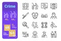 Set crime simple lines icons of equipment for catching criminals.