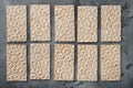 Set of crispy breads, on gray stone table background, top view flat lay, with copy space for text Royalty Free Stock Photo