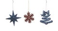 Set cristmas decorations isolated on white background, topview, flatlay. Collection of blue new year star, tree and red snowflake Royalty Free Stock Photo