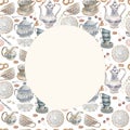 Set crockery cups spoons teapots tea party coffee service graphic illustration drawn set isolated on white background Royalty Free Stock Photo