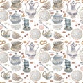 Set crockery cups teapots tea party coffee service graphic illustration hand drawn set isolated on white background Royalty Free Stock Photo