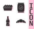 Set Croissant, Chicken nuggets in box, Bottle of water and Bag or packet potato chips icon. Vector Royalty Free Stock Photo