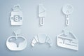 Set Croissant, Lollipop, Apple in caramel, Piece of cake, Ice cream and Jar sugar icon. Vector