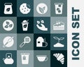 Set Croissant, Tea leaf, Piece of cake, Cup tea with, packaging and hand icon. Vector