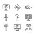 Set Crook, Eye of Horus on monitor, Snake, Cross ankh, Egyptian fan, Butterfly fish and icon. Vector