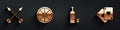 Set Crossed arrows, Old wooden wheel, Whiskey bottle and glass and Playing cards icon with long shadow. Vector